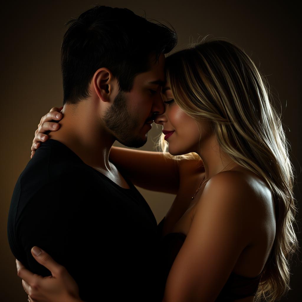 A woman and a man engaged in a sensual and intimate embrace, with soft lighting emphasizing their expressions of passion and connection