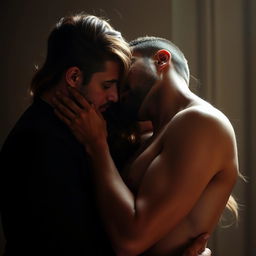 A woman and a man engaged in a sensual and intimate embrace, with soft lighting emphasizing their expressions of passion and connection