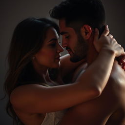 A woman and a man engaged in a sensual and intimate embrace, with soft lighting emphasizing their expressions of passion and connection