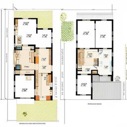 An architectural layout of a two-story home. The ground floor features a hall, a bedroom with an attached bathroom, and a kitchen-dining combination. The first floor includes an open terrace, a French-door bedroom with an ensuite, and a guest room with a built-in wardrobe.