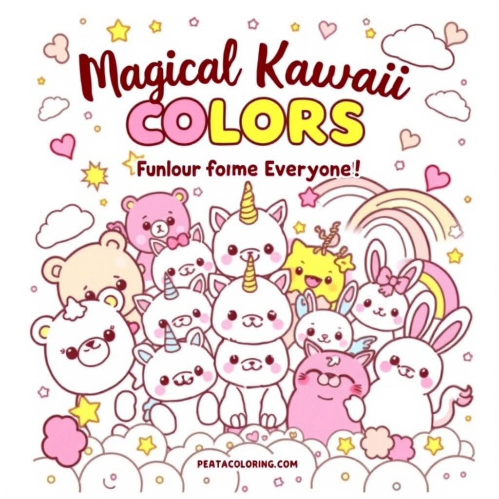 A kawaii-style coloring book cover featuring adorable characters such as plush bears, unicorns, cats, and bunnies, all with big, friendly eyes and cheerful smiles