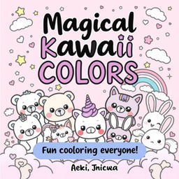 A kawaii-style coloring book cover featuring adorable characters such as plush bears, unicorns, cats, and bunnies, all with big, friendly eyes and cheerful smiles