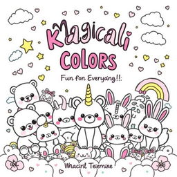 A kawaii-style coloring book cover featuring adorable characters such as plush bears, unicorns, cats, and bunnies, all with big, friendly eyes and cheerful smiles