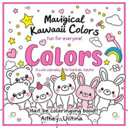 A kawaii-style coloring book cover featuring adorable characters such as plush bears, unicorns, cats, and bunnies, all with big, friendly eyes and cheerful smiles