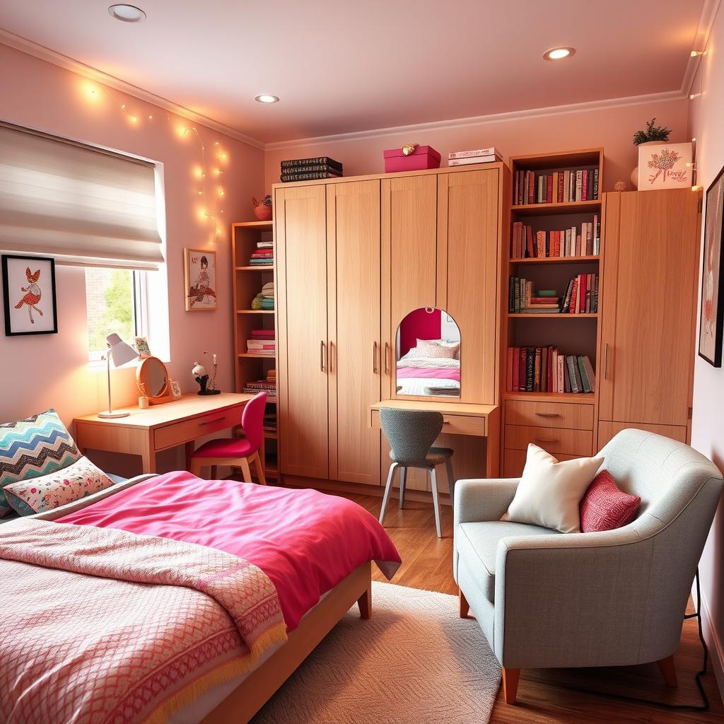 A teenage girl's bedroom designed with both functionality and style in mind, perfect for a 13-year-old living in England