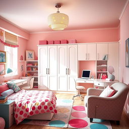 A teenage girl's bedroom designed with both functionality and style in mind, perfect for a 13-year-old living in England