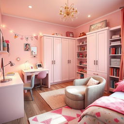 A teenage girl's bedroom designed with both functionality and style in mind, perfect for a 13-year-old living in England