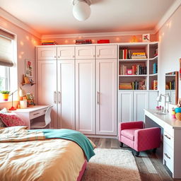 A teenage girl's bedroom designed with both functionality and style in mind, perfect for a 13-year-old living in England