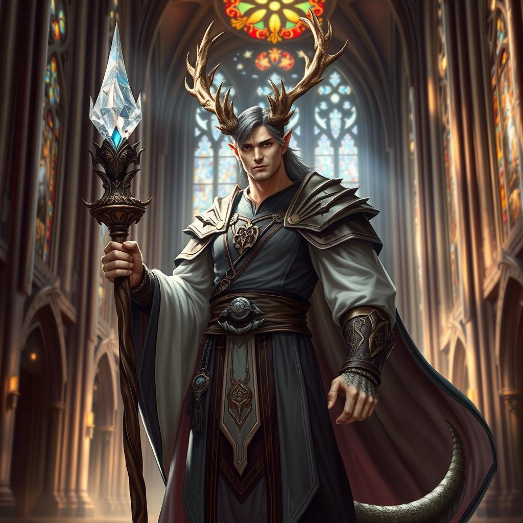 A majestic half-human, half-dragonborn cleric with regal antlers