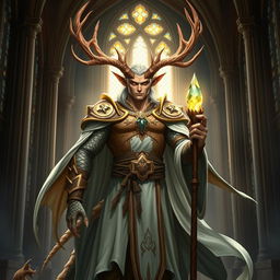 A majestic half-human, half-dragonborn cleric with regal antlers