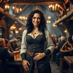 Inside a bustling medieval tavern, a very attractive and smiling woman tavern keeper stands proudly