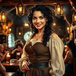 Inside a bustling medieval tavern, a very attractive and smiling woman tavern keeper stands proudly