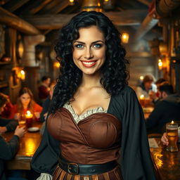 Inside a bustling medieval tavern, a very attractive and smiling woman tavern keeper stands proudly