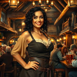 Inside a bustling medieval tavern, a very attractive and smiling woman tavern keeper stands proudly