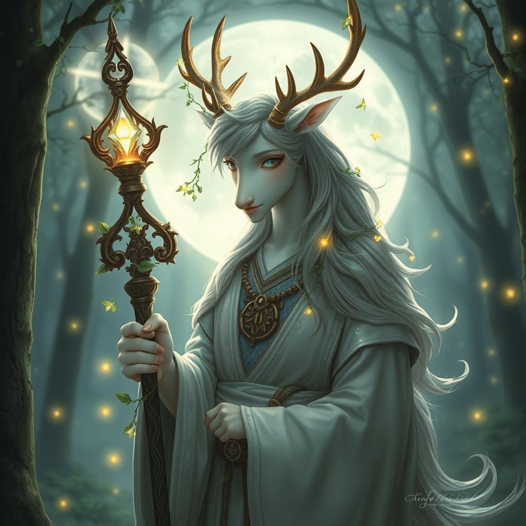 An enchanting half-human, half-kirin cleric adorned with elegant antlers, embodying a perfect balance of grace and mysticism