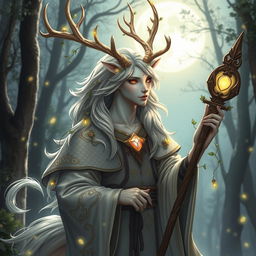 An enchanting half-human, half-kirin cleric adorned with elegant antlers, embodying a perfect balance of grace and mysticism