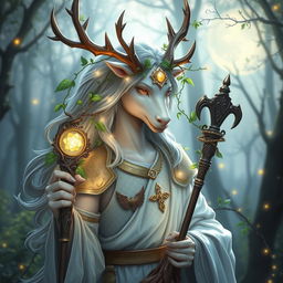 An enchanting half-human, half-kirin cleric adorned with elegant antlers, embodying a perfect balance of grace and mysticism