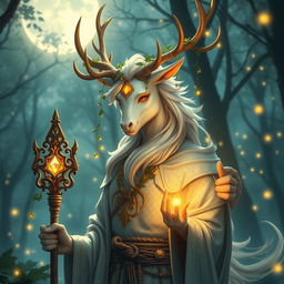 An enchanting half-human, half-kirin cleric adorned with elegant antlers, embodying a perfect balance of grace and mysticism