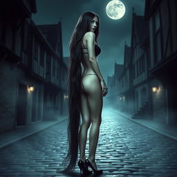 A tall, slender woman with an aura of mystery and danger stands in the center of a dimly lit medieval town street