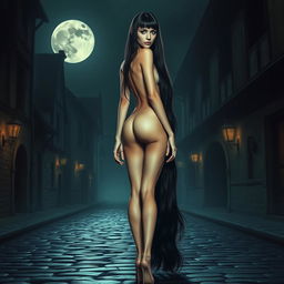 A tall, slender woman with an aura of mystery and danger stands in the center of a dimly lit medieval town street