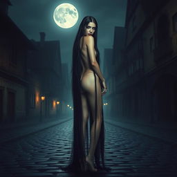 A tall, slender woman with an aura of mystery and danger stands in the center of a dimly lit medieval town street