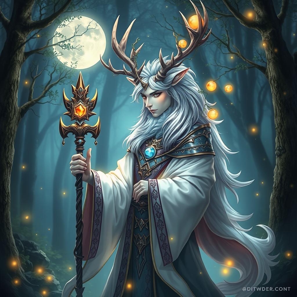 A mesmerizing half-human, half-kirin cleric with striking antlers, blending human grace with the mythical essence of a kirin