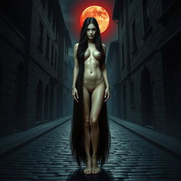 A tall, slender woman with an aura of mystery and danger stands in the middle of a medieval town street, bare-footed