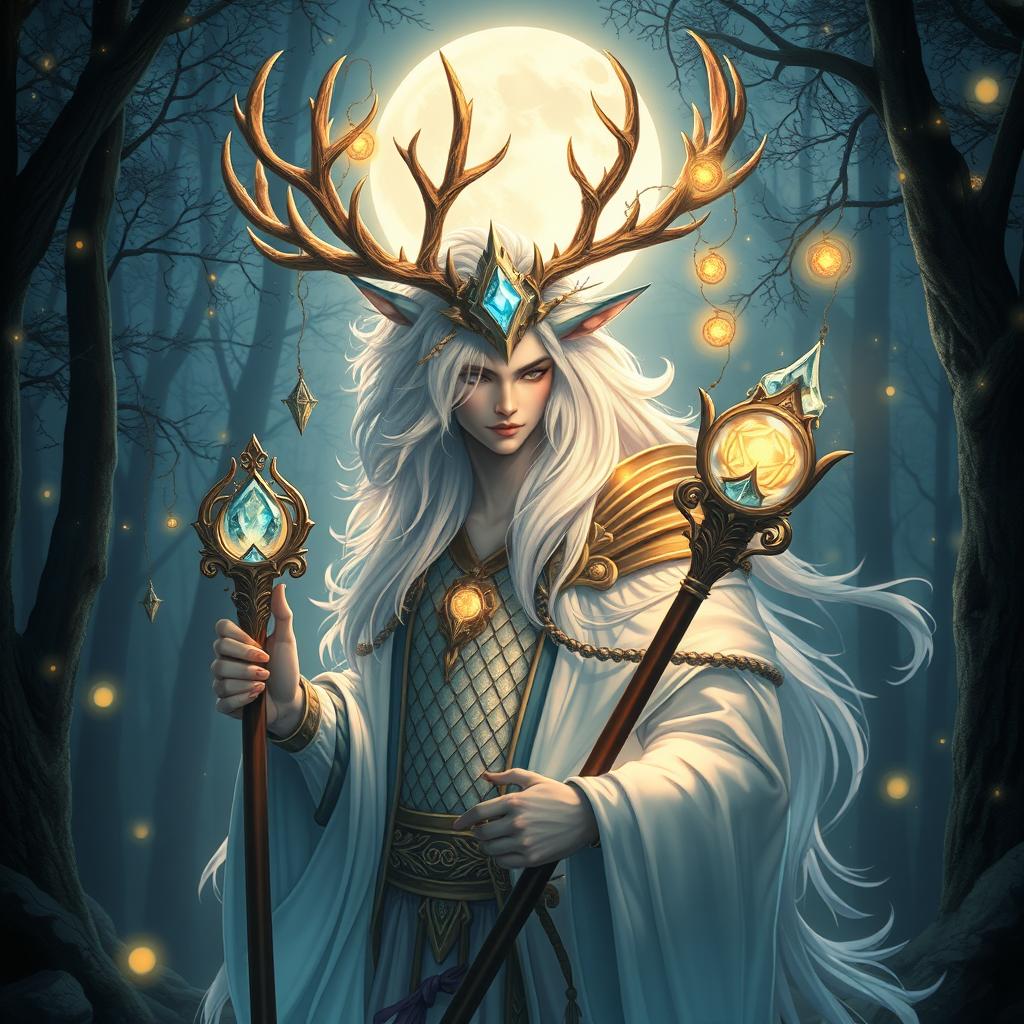 A mesmerizing half-human, half-kirin cleric with striking antlers, blending human grace with the mythical essence of a kirin