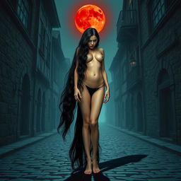 A tall, slender woman with an aura of mystery and danger stands in the middle of a medieval town street, bare-footed