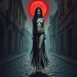 A tall, slender woman with an aura of mystery and danger stands in the middle of a medieval town street, bare-footed