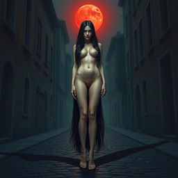 A tall, slender woman with an aura of mystery and danger stands in the middle of a medieval town street, bare-footed