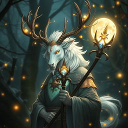 A captivating half-human, half-kirin cleric featuring prominent antlers, combining human elegance with the mystical essence of a kirin