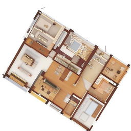 An architectural layout of a two-story home. The ground floor features a hall, a bedroom with an attached bathroom, and a kitchen-dining combination. The first floor includes an open terrace, a French-door bedroom with an ensuite, and a guest room with a built-in wardrobe.