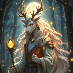 A breathtaking half-human, half-kirin cleric with exquisite antlers, embodying the harmonious blend of human and kirin features