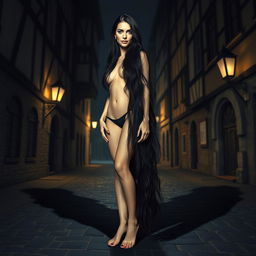 A tall, slender woman with an aura of mystery and danger stands barefoot on a medieval town street at night