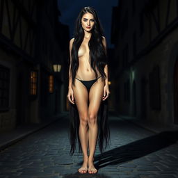 A tall, slender woman with an aura of mystery and danger stands barefoot on a medieval town street at night