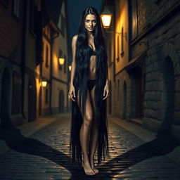 A tall, slender woman with an aura of mystery and danger stands barefoot on a medieval town street at night