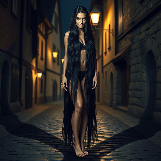 A tall, slender woman with an aura of mystery and danger stands barefoot on a medieval town street at night