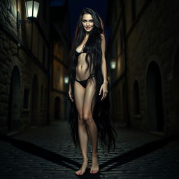 A tall, slender woman with an aura of mystery and danger stands barefoot on a medieval town street at night