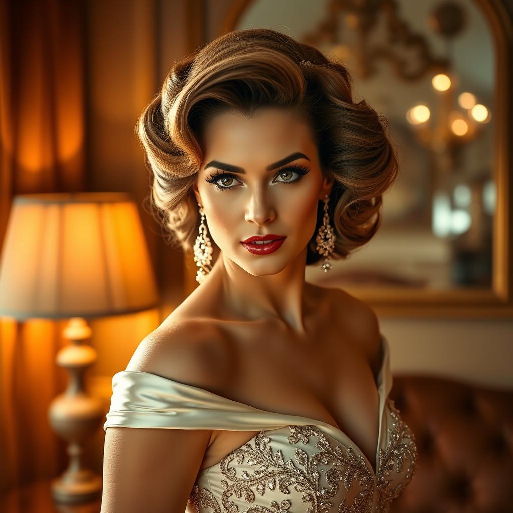 Portrait of a glamorous woman with an alluring gaze, styled with voluminous hair and wearing a stunning gown that accentuates her figure