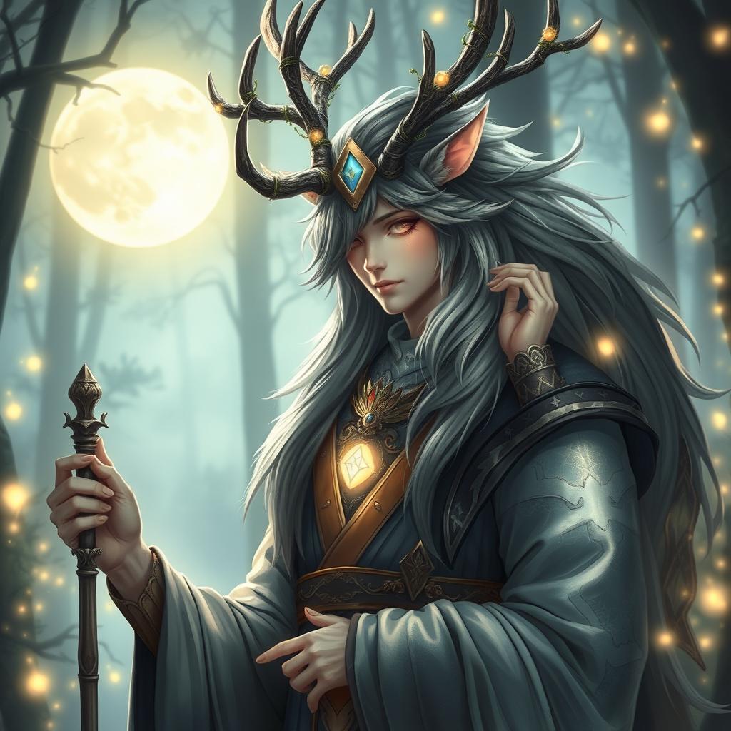 An enchanting half-human, half-kirin cleric with majestic antlers, blending human grace with the mystical features of a kirin