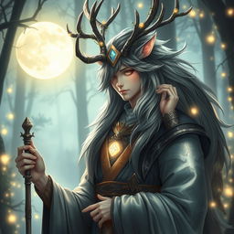 An enchanting half-human, half-kirin cleric with majestic antlers, blending human grace with the mystical features of a kirin