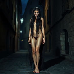 A tall, slender woman with an aura of mystery and danger stands naked and barefoot on a medieval town street at night