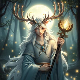 An enchanting half-human, half-kirin cleric with majestic antlers, blending human grace with the mystical features of a kirin