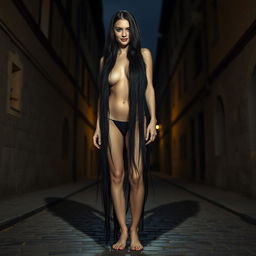 A tall, slender woman with an aura of mystery and danger stands naked and barefoot on a medieval town street at night