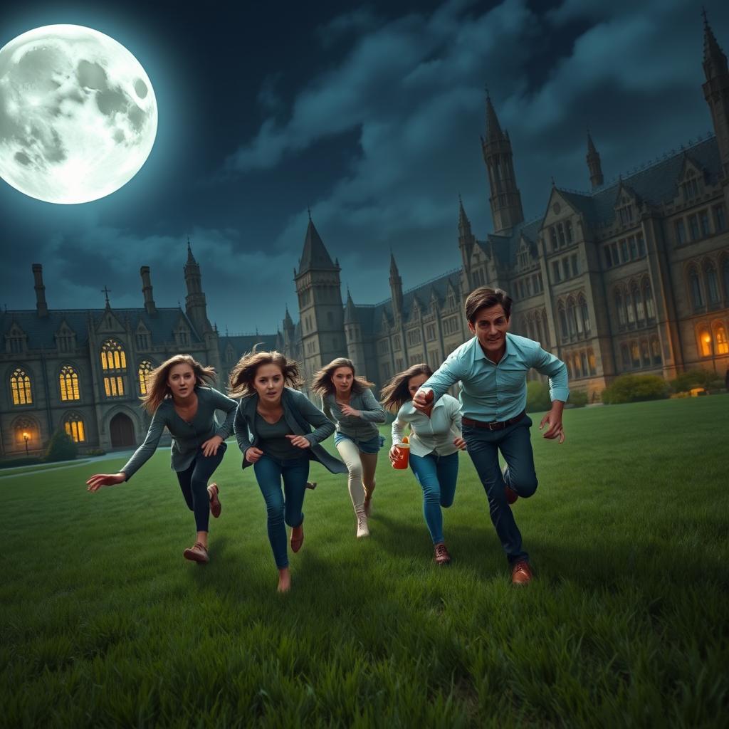 A half-man, half-cat creature, with feline features like pointed ears, sharp claws, and a tail, is chasing three terrified students across a moonlit university campus