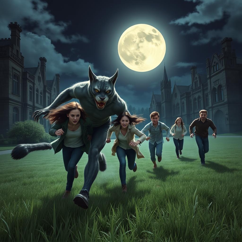 A half-man, half-cat creature, with feline features like pointed ears, sharp claws, and a tail, is chasing three terrified students across a moonlit university campus