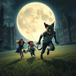 A half-man, half-cat creature, with feline features like pointed ears, sharp claws, and a tail, is chasing three terrified students across a moonlit university campus