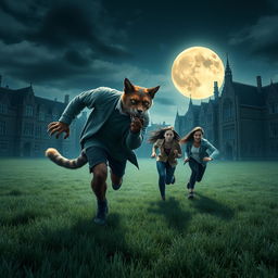 A half-man, half-cat creature, with feline features like pointed ears, sharp claws, and a tail, is chasing three terrified students across a moonlit university campus