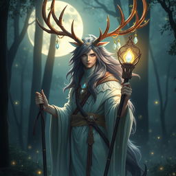 A captivating half-human, half-kirin cleric with grand antlers, embodying the perfect blend of human charm and the mystical allure of a kirin